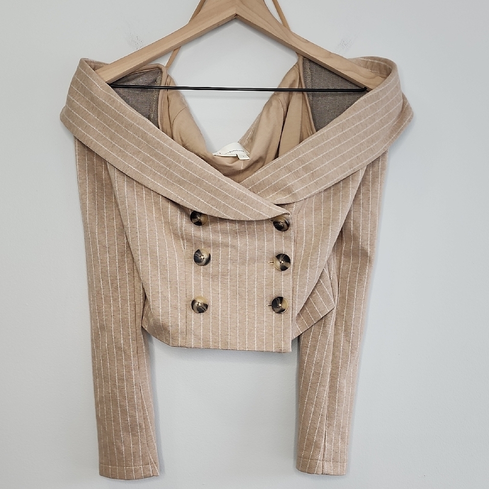 Anthropologie Cropped Striped Tan Off-Shoulder Blazer Size Small